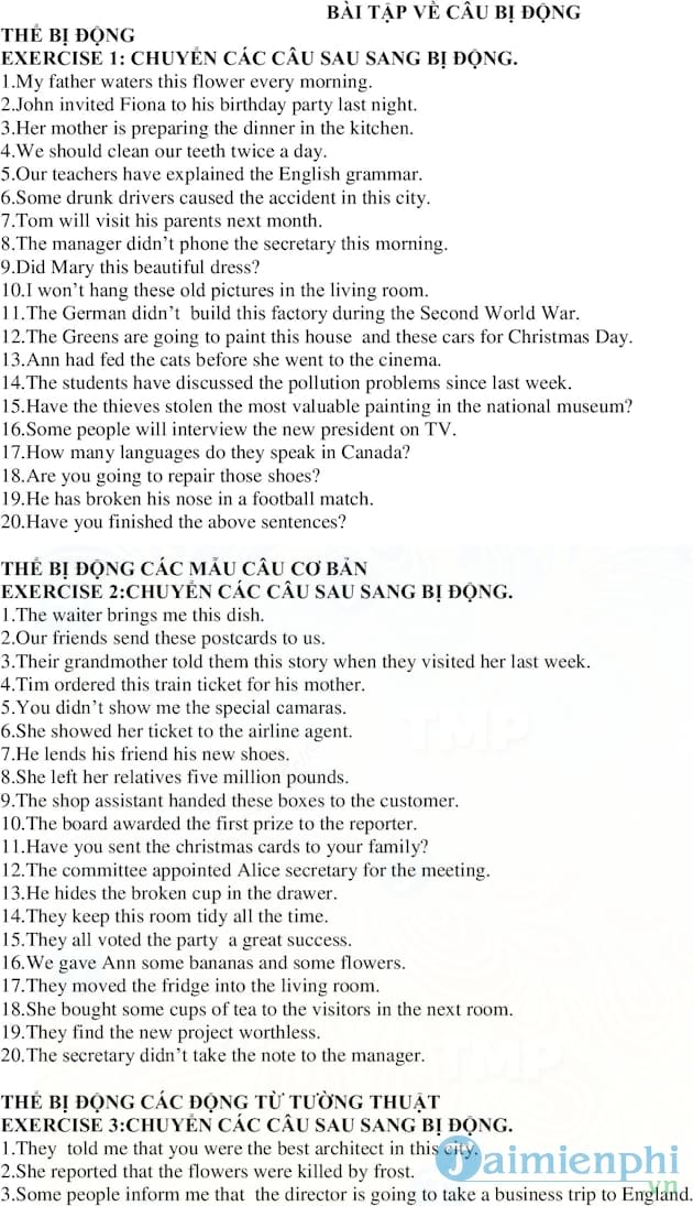 Bài tập về câu bị động trong Tiếng Anh