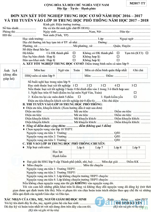 Mẫu đơn dự tuyển sinh vào lớp 10