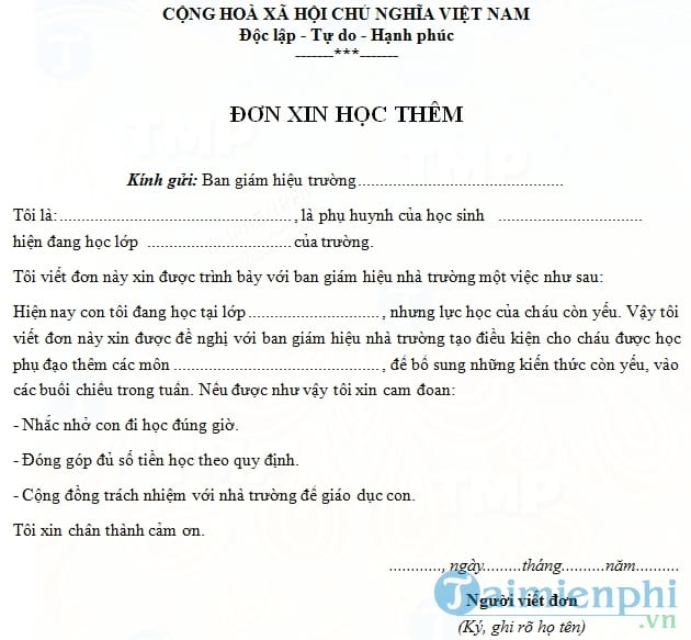 mau don xin hoc them cua phu huynh