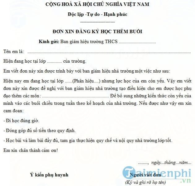 Mẫu đơn xin đăng ký học thêm