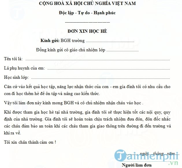 Đơn xin học hè cho học sinh tiểu học