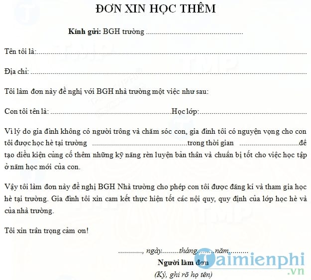 Đơn xin học thêm trong nhà trường