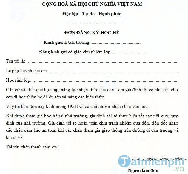 Đơn đăng ký học hè