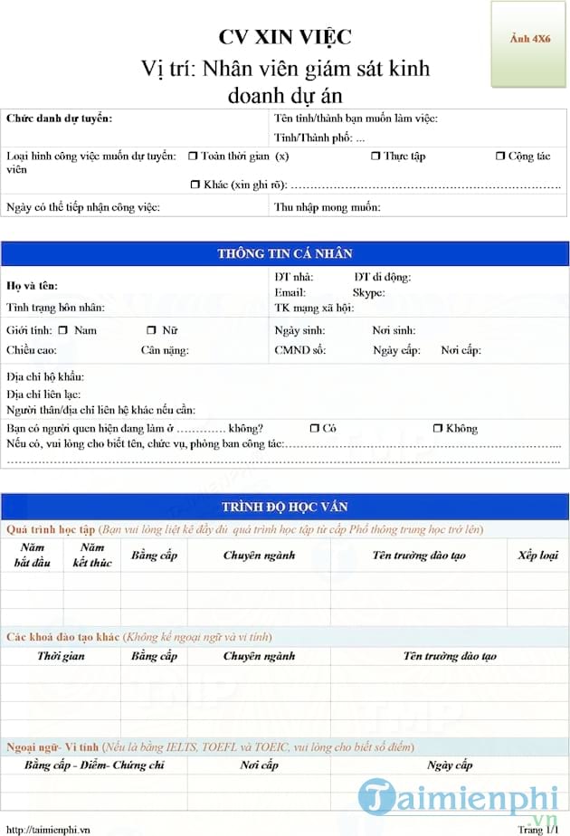 CV xin việc nhân viên giám sát kinh doanh dự án