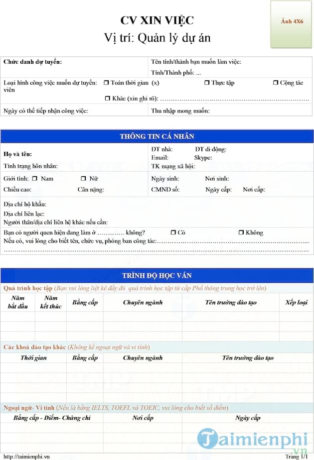 CV xin việc quản lý dự án
