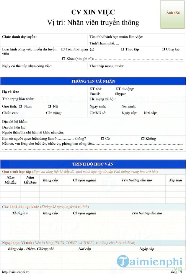 CV xin việc nhân viên truyền thông