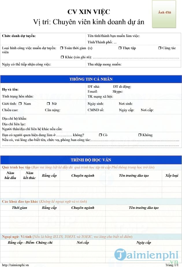 CV xin việc chuyên viên kinh doanh dự án