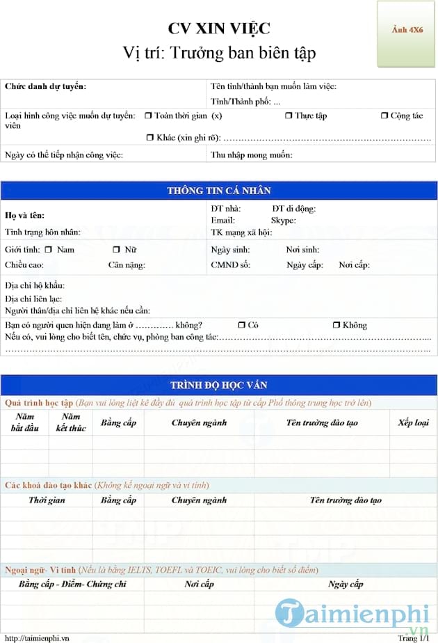 CV xin việc trưởng ban biên tập