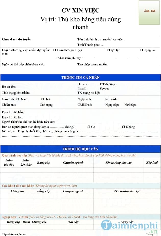 CV xin việc thủ kho hàng tiêu dùng nhanh