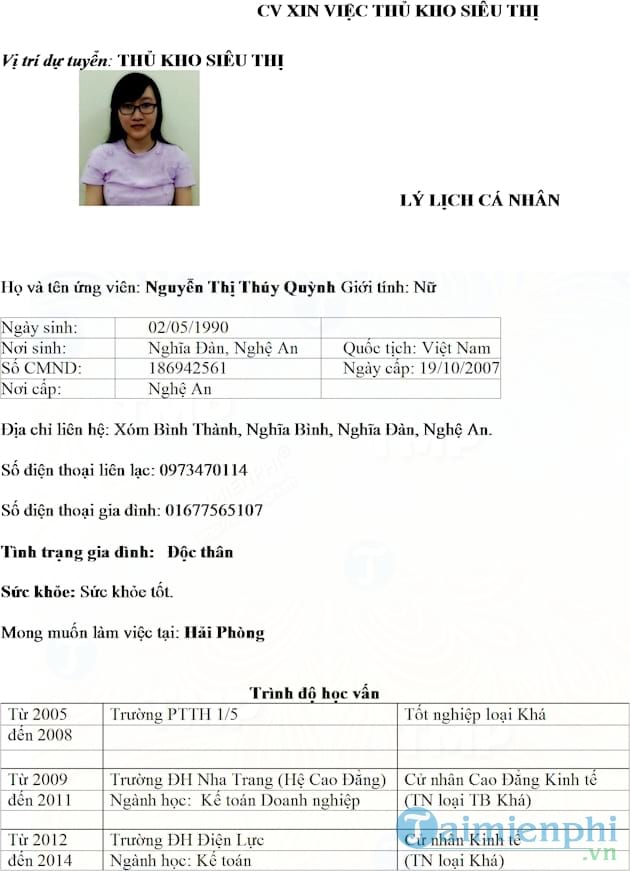 CV xin việc thủ kho siêu thị