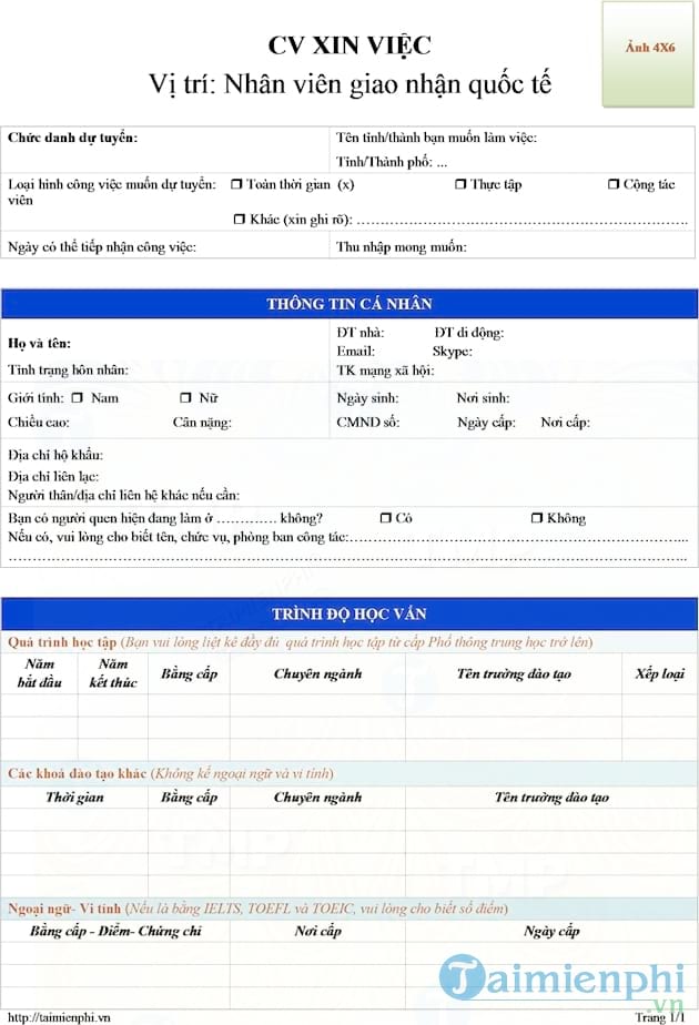 CV xin việc nhân viên giao nhận quốc tế