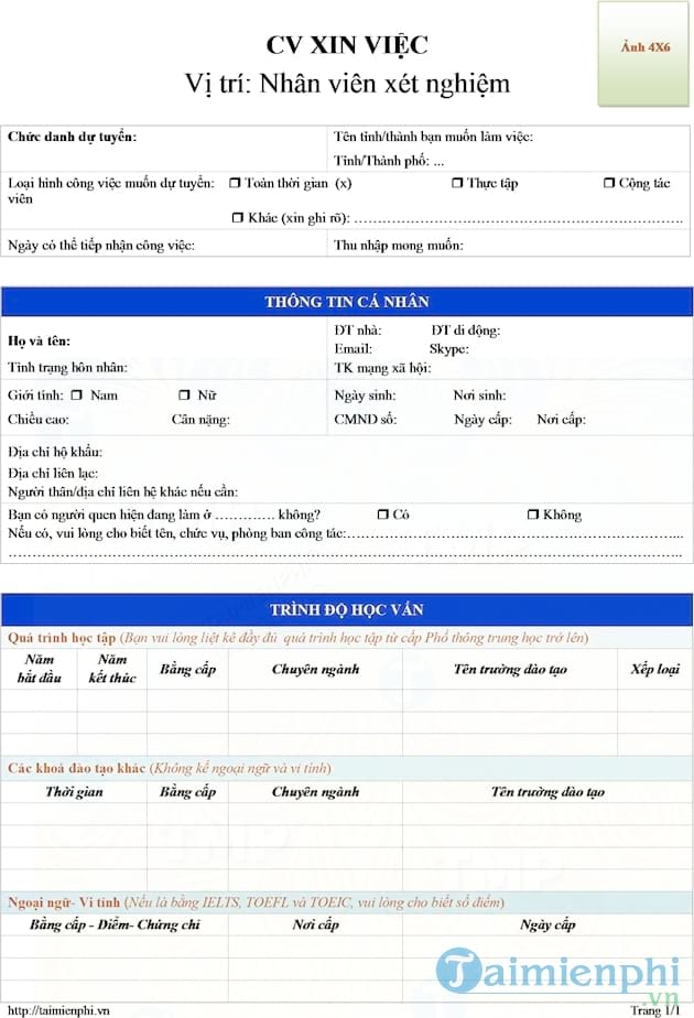 CV xin việc nhân viên xét nghiệm