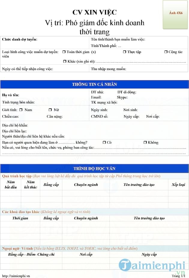 CV xin việc phó giám đốc kinh doanh thời trang