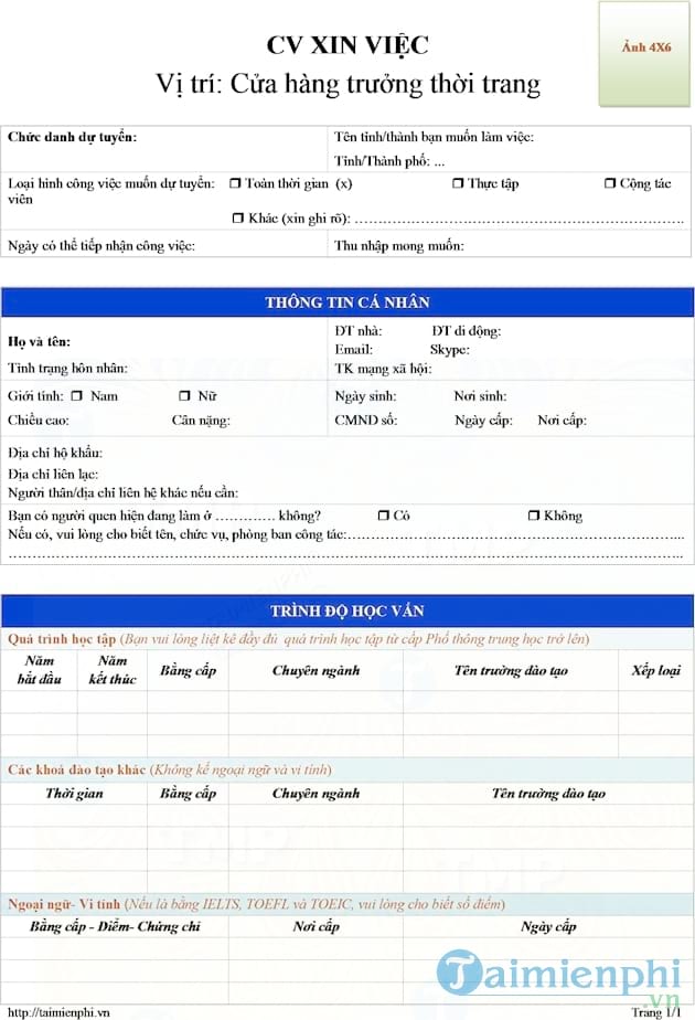 CV xin việc cửa hàng trưởng thời trang