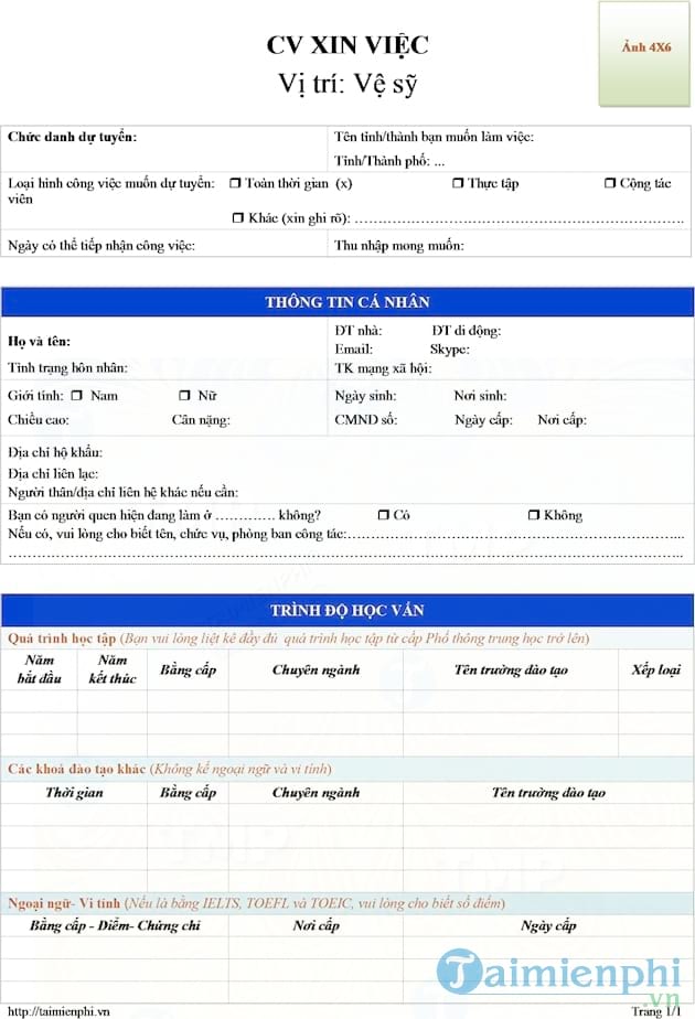 CV xin việc vệ sỹ