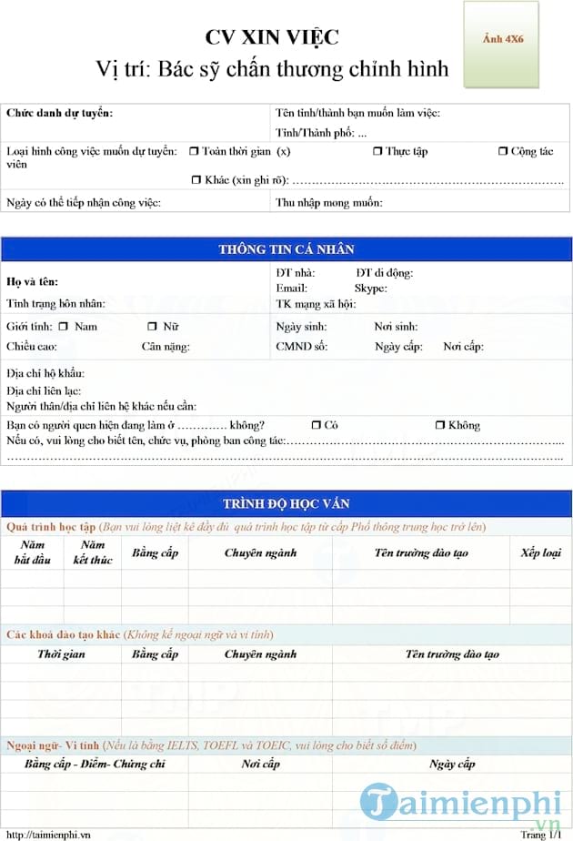CV xin việc bác sỹ chấn thương chỉnh hình