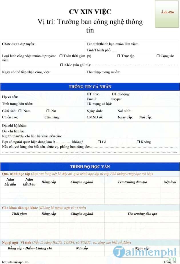 CV xin việc trưởng ban công nghệ thông tin