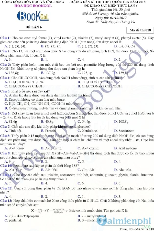 Đề thi thử THPT quốc gia 2018 môn Hóa học