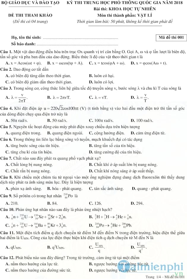 Đề thi thử THPT quốc gia 2018 môn Vật lý
