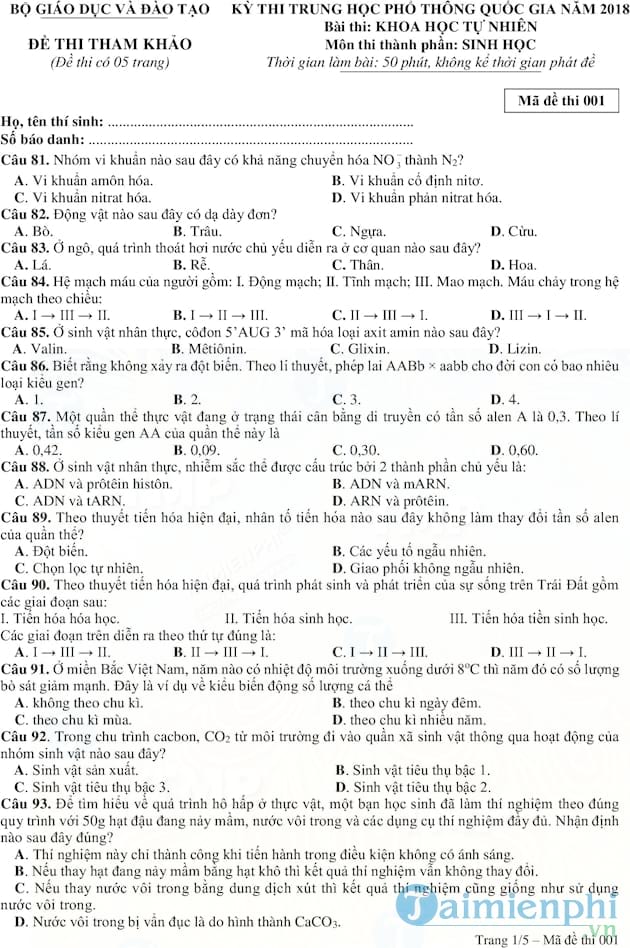 Đề thi thử THPT quốc gia 2018 môn Sinh học