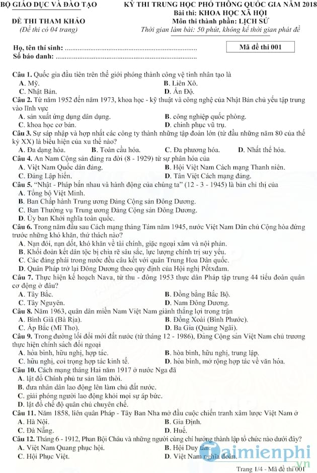 Đề thi thử THPT quốc gia 2018 môn Lịch sử