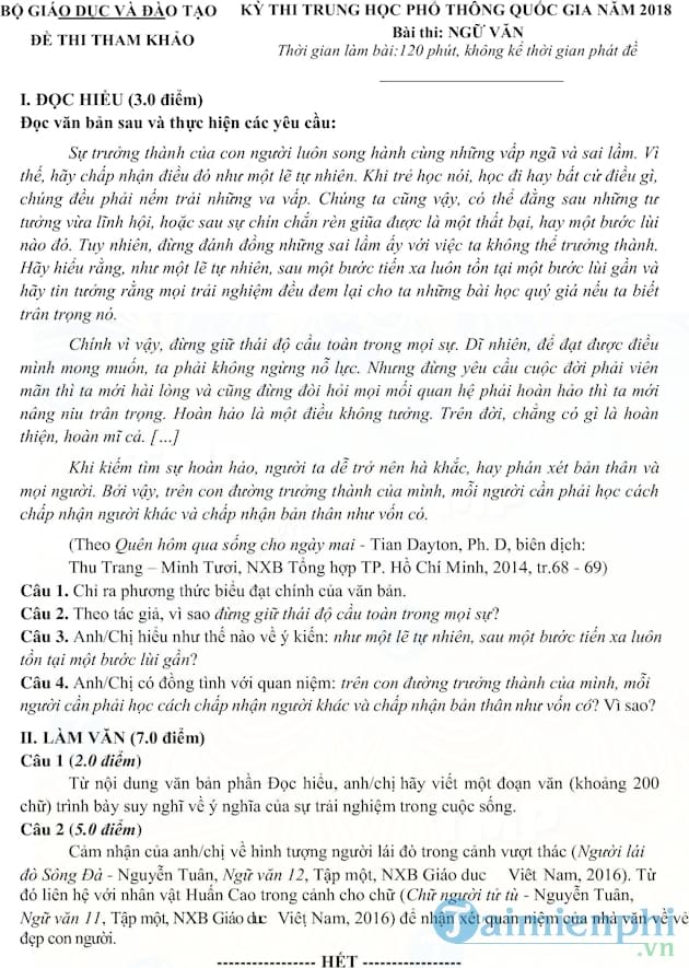 Đề thi thử THPT quốc gia 2018 môn Ngữ Văn