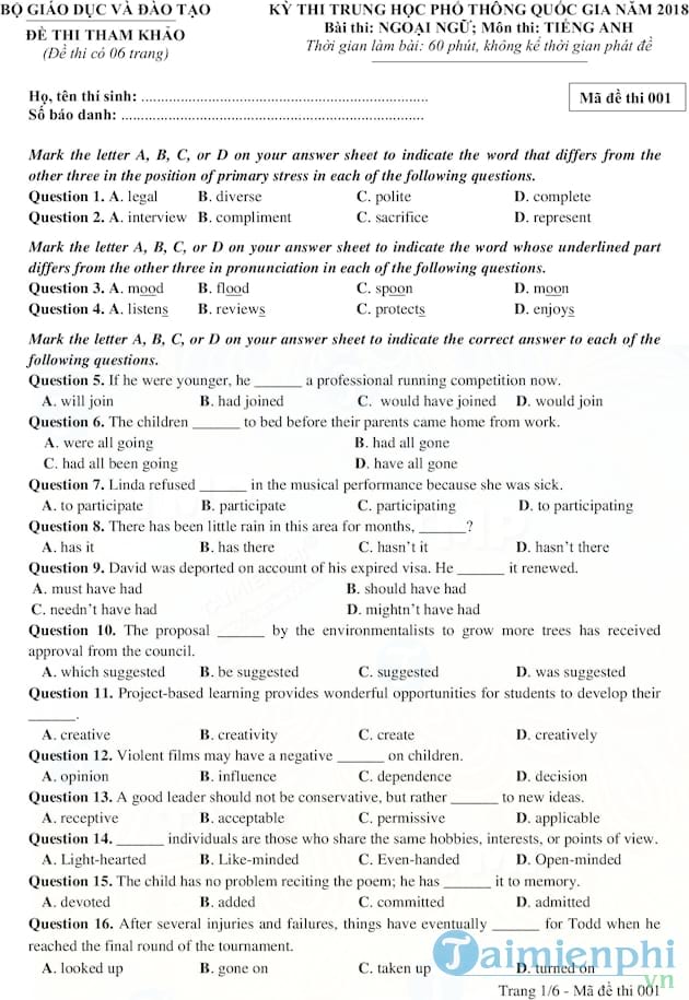 Đề thi thử THPT quốc gia 2018 môn Tiếng Anh