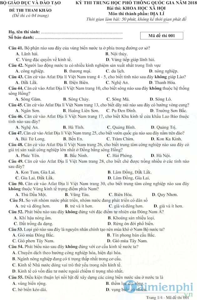 Đề thi thử THPT quốc gia 2018 môn Địa lý