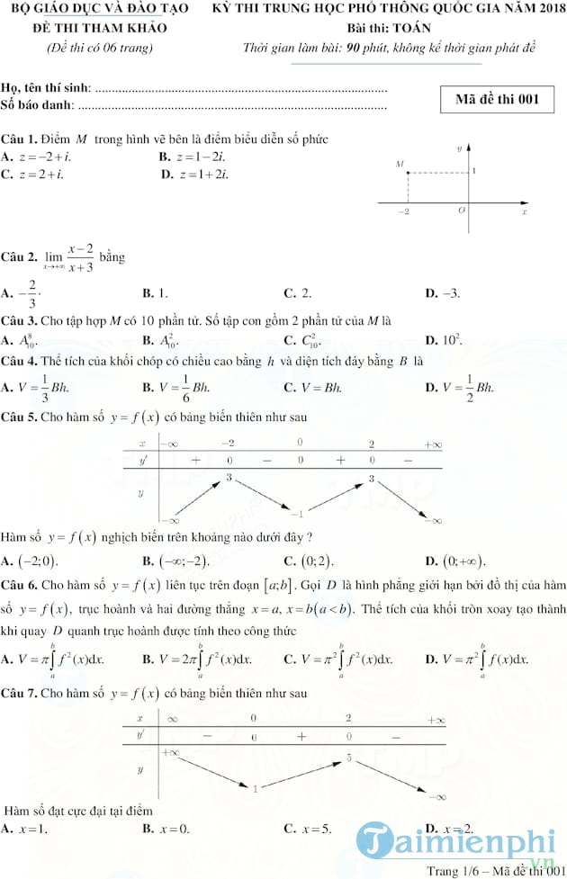 Đề thi thử THPT quốc gia 2018 môn Toán