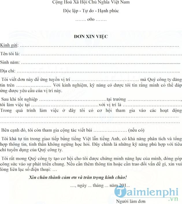 Đơn xin việc nhân viên quản trị viên tập sự