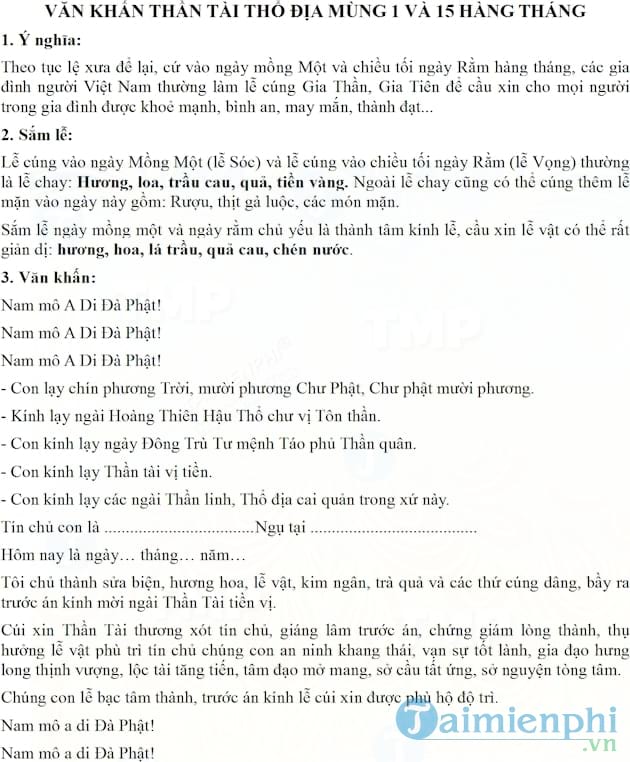 Văn khấn cúng thần tài mùng 1 ngày rằm hàng tháng