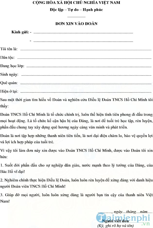 Mẫu Đơn xin vào Đoàn