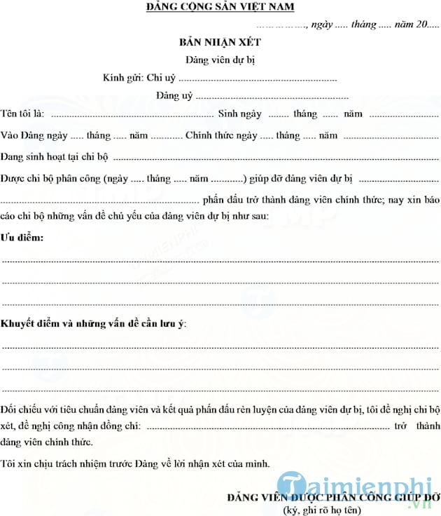 Mẫu bản nhận xét Đảng viên dự bị