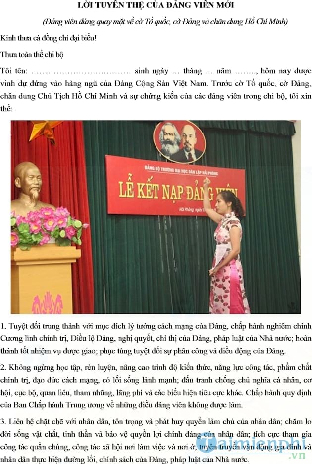 Mẫu lời tuyên thệ của Đảng viên mới