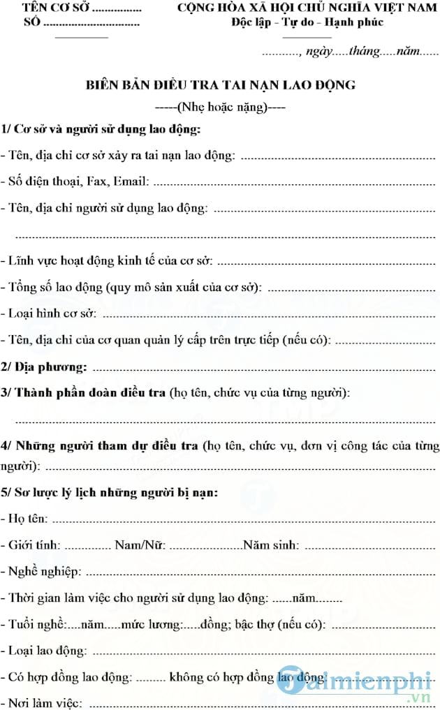 Mẫu Biên bản điều tra tai nạn lao động