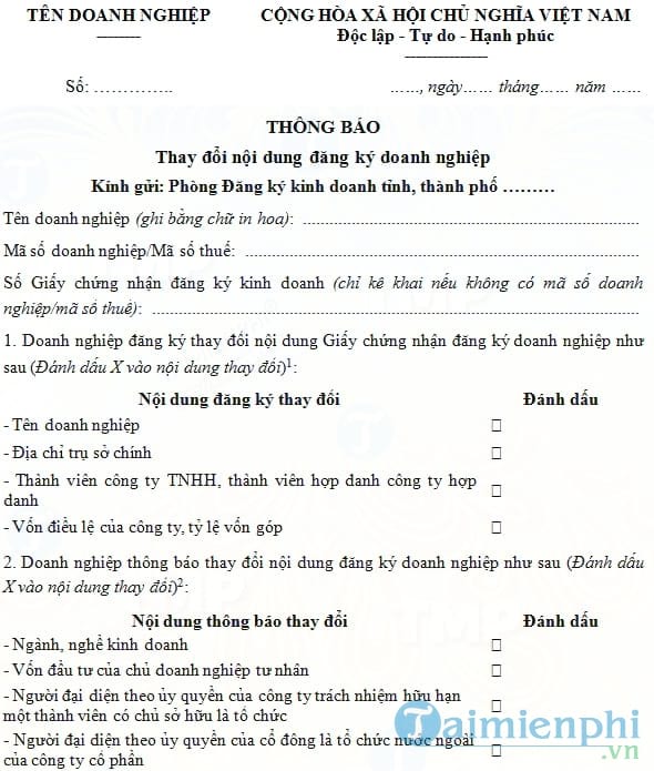 Mẫu thông báo thay đổi nội dung đăng ký kinh doanh của doanh nghiệp