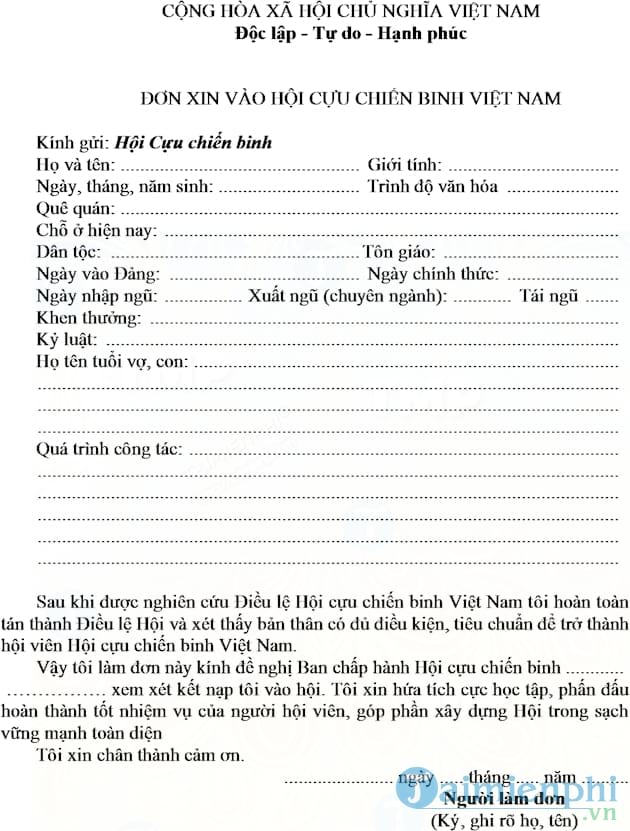 Mẫu đơn xin vào Hội cựu chiến binh
