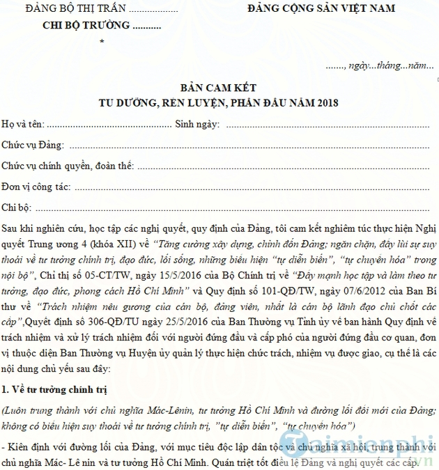 Bản cam kết tu dưỡng, rèn luyện phấn đấu năm 2018 dành cho phó bí thư