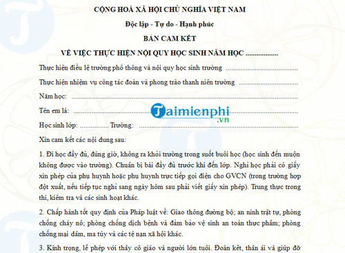 ban cam ket thuc hien noi quy hoc sinh