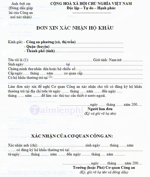 Đơn xin xác nhận hộ khẩu