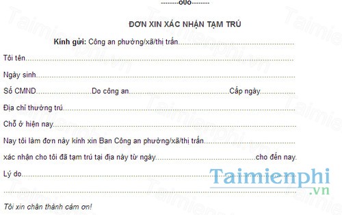 Đơn xin xác nhận tạm trú