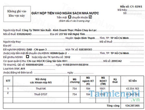 Giấy nộp tiền vào kho bạc