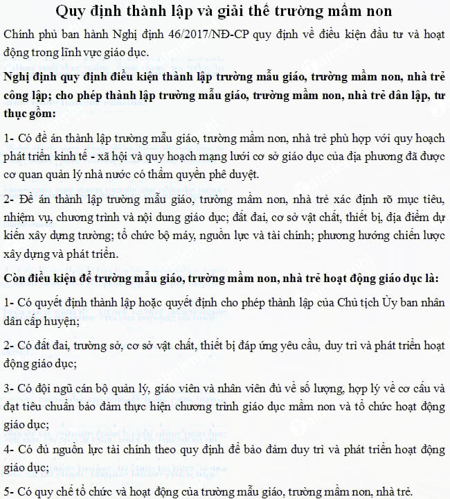 Quy định thành lập và giải thể trường mầm non