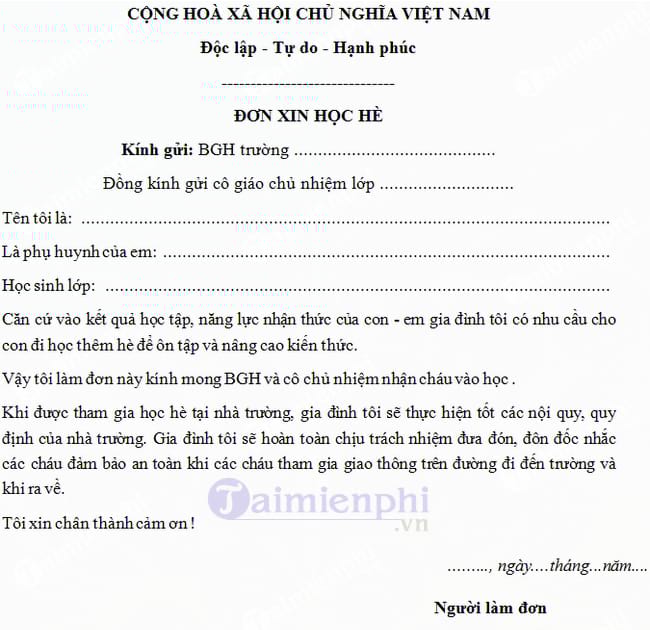 Mẫu đơn xin học thêm hè