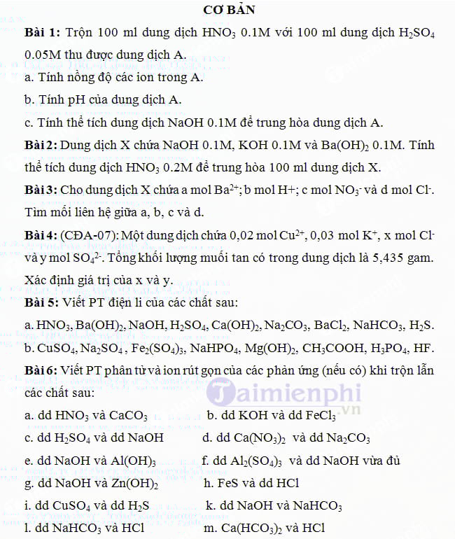 Bài tập điện li lớp 11