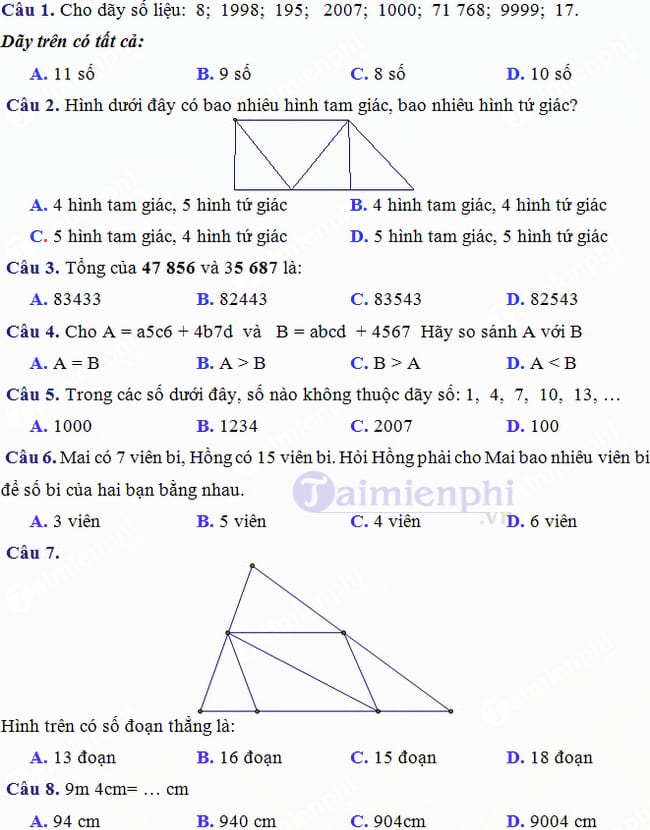 Bài tập trắc nghiệm Toán lớp 3