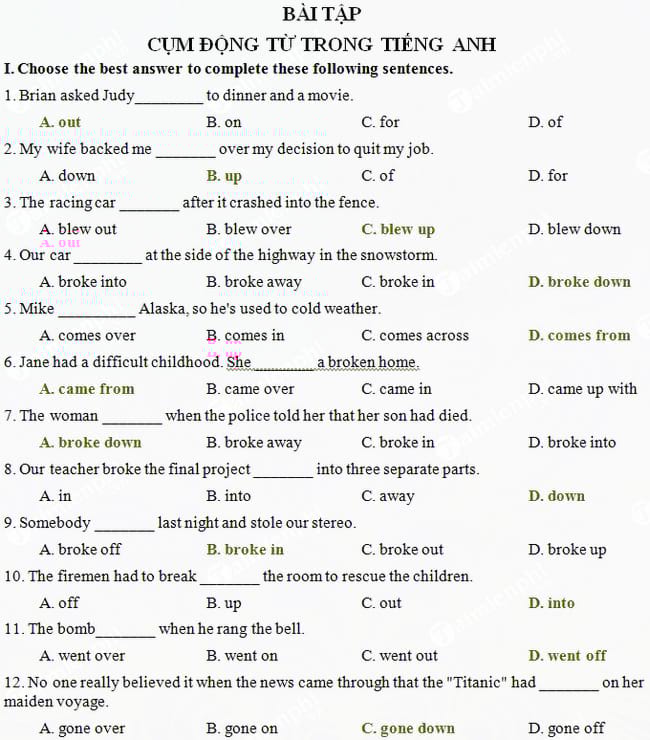 Bài tập về cụm động từ trong Tiếng Anh