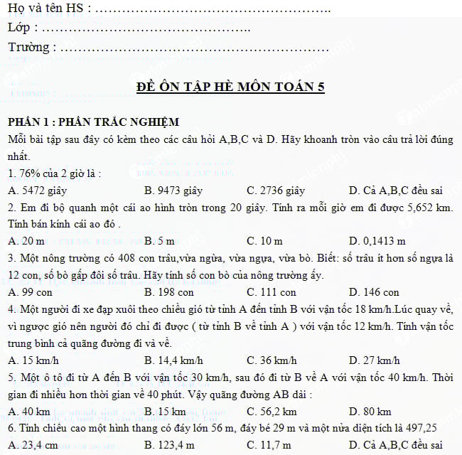 Bài tập ôn hè môn Toán lớp 5