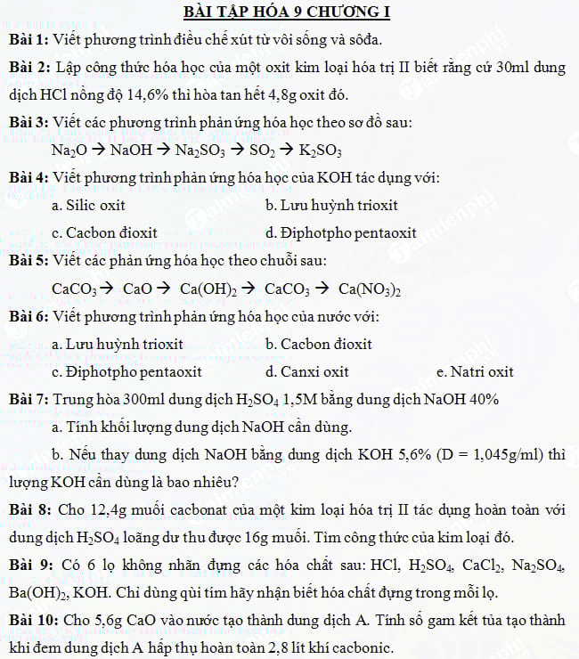 Bài tập hóa học lớp 9 - Chương 1