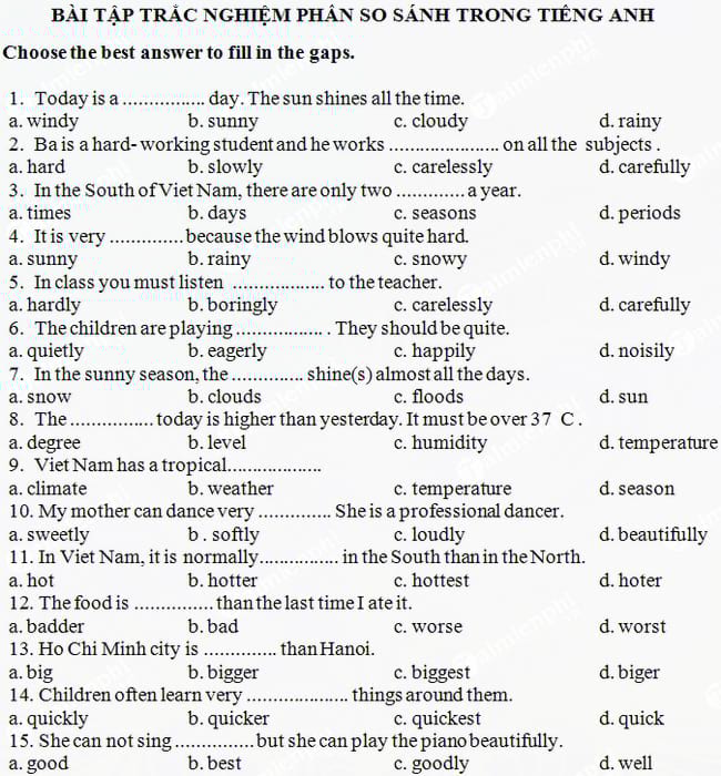 Bài tập trắc nghiệm phần so sánh trong Tiếng Anh